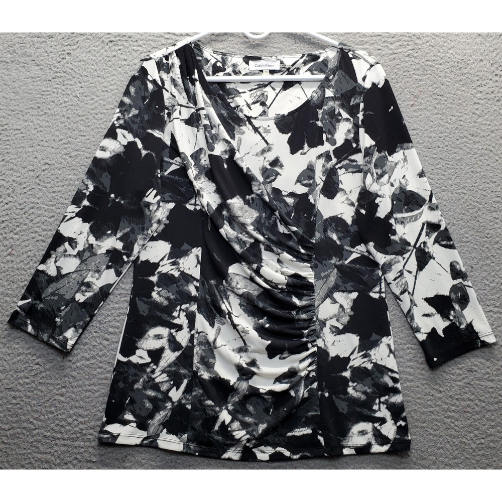 Calvin Klein Blouse Top Womens Medium Multi Floral Long Sleeve Ruched Stretch